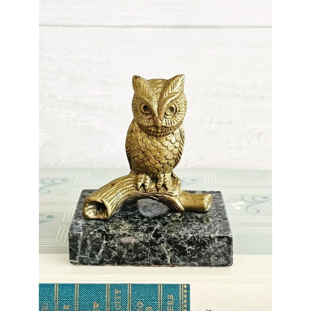 Vintage Solid Brass Owl on Branch on Black & Green Marble Base Paperweight